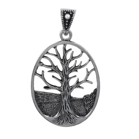 Sterling Silver Oxidized Tree of Life Oval Pendant - Click Image to Close